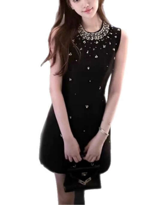 2026 Spring/Summer Elegant Women's Luxury a2 Design Sleeveless Tank Top Black Slim Short Skirt Handmade rhinestone Decoration