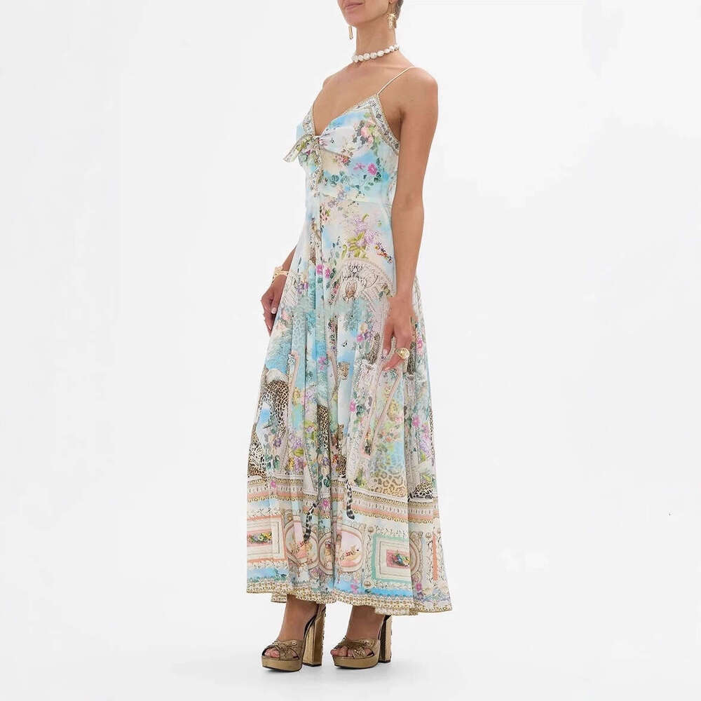 2026 summer fashion brand retro oil painting print sexy suspender fairy like elegant vacation long skirt for women