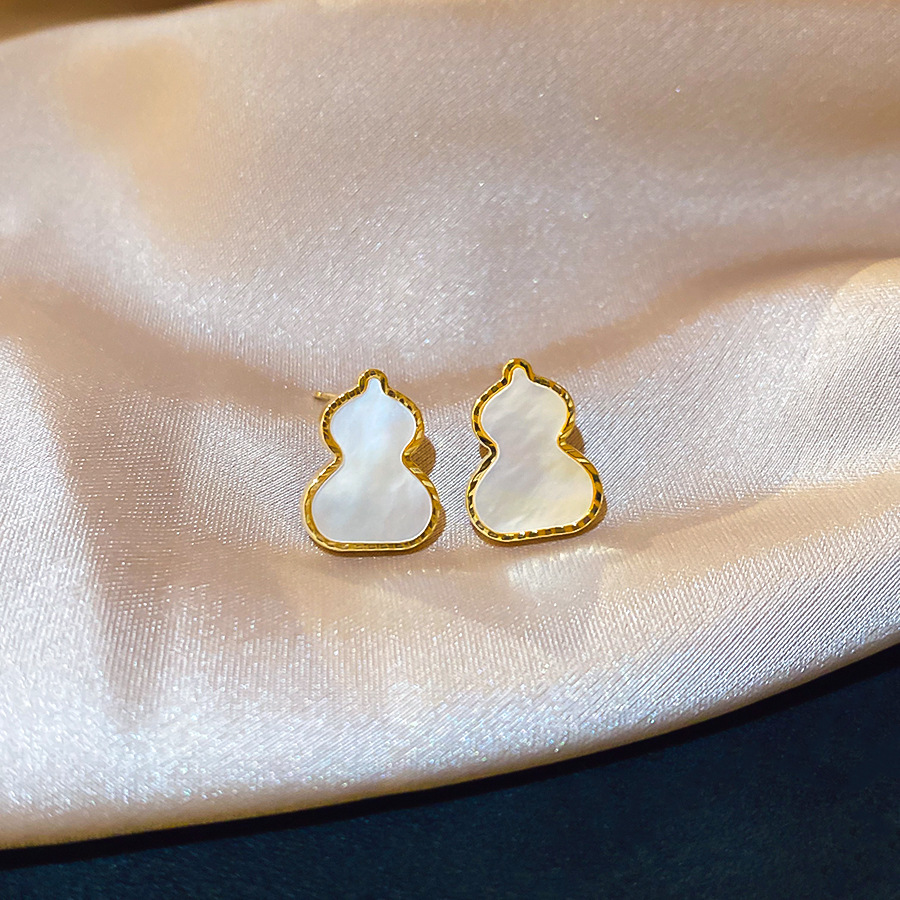 14K real gold plated silver needle gourd-shaped mother-of-pearl earrings, new Chinese style, simple and versatile, light luxury niche earrings for wom - view 5