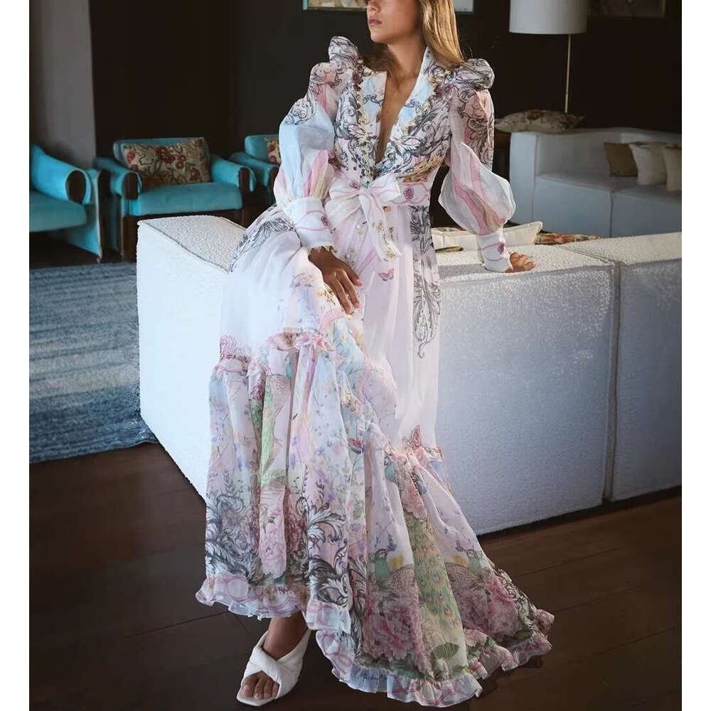 2026 early spring new niche retro palace a2 style deep V-neck lace up off shoulder printed vacation style long dress