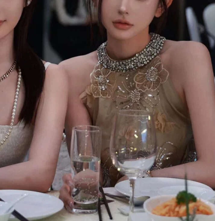 2026 luxurious and elegant dress with heavy sequin embroidery, 3D flower decals, a2 champagne gold rhinestone