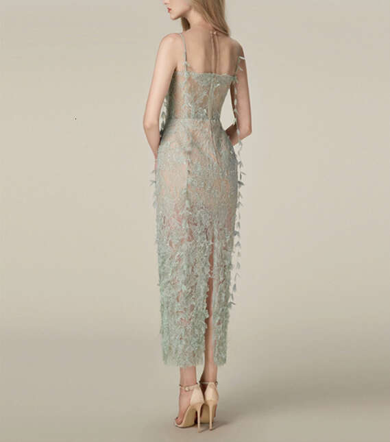 2026 niche designer fashionable romantic fairy style slim shoulder strap mesh embroidered lace a3 slim fit dress