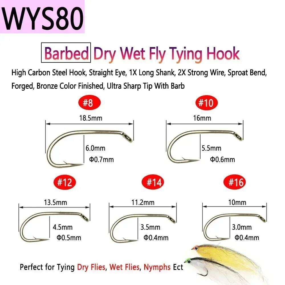 Bimoo 100PCS 1#~22# Barbed & Barbless High Carbon Steel Fly Tying Dry Wet Nymph Pupae Caddis Streamer Flies Fishing Hook Z260228