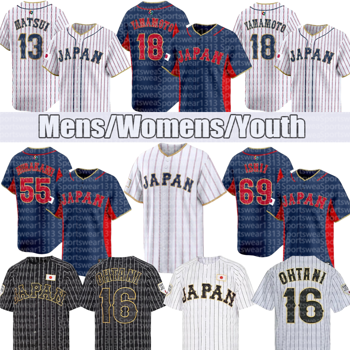 team Japan Baseball Jersey 2026 WBC 16 Ohtani 18 Yamamoto 34 Senga 55 Murakami 51 Suzuki 13 Matsui Baseball Jerseys