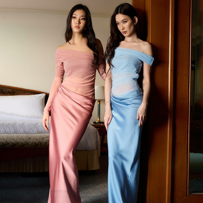 2025 Summer New Pure Desire Style Sexy Hot Girl Off-Shoulder Long Dress Sleeveless Semi-Transparent Mesh Patchwork Dress 250701