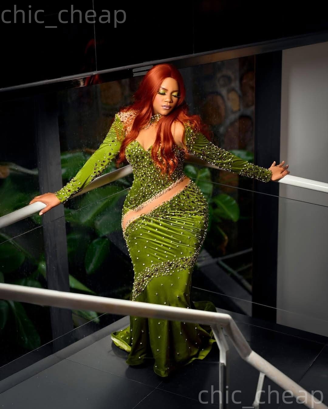 2k26 Green Prom Dress 2026 Mermaid Illusion Beaded Crystals Velvet Evening Dresses For Black Women Birthday Party Formal Receiption Gowns Dresses ZJ07