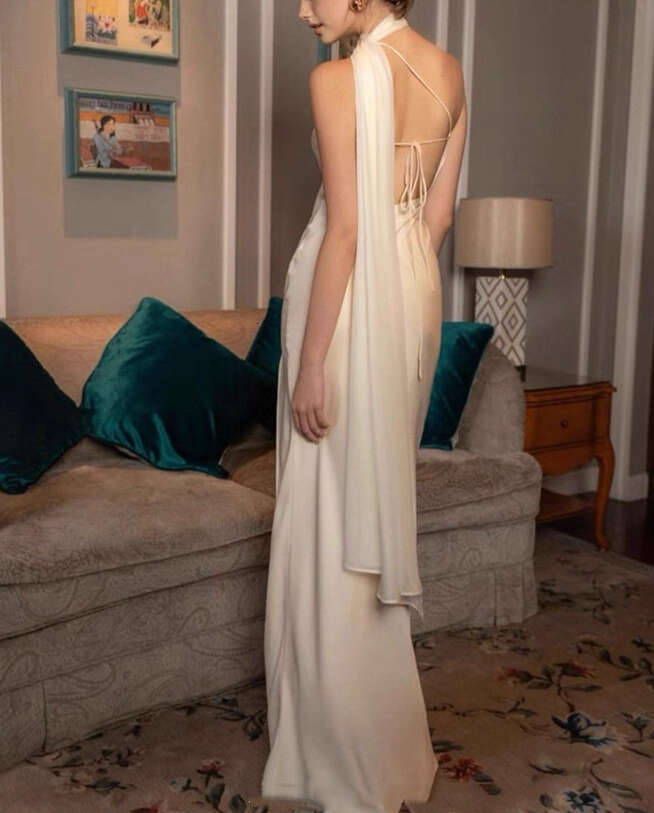 2026 socialite goddess sexy one shoulder sleeveless scarf flowing satin slim slit long skirt
