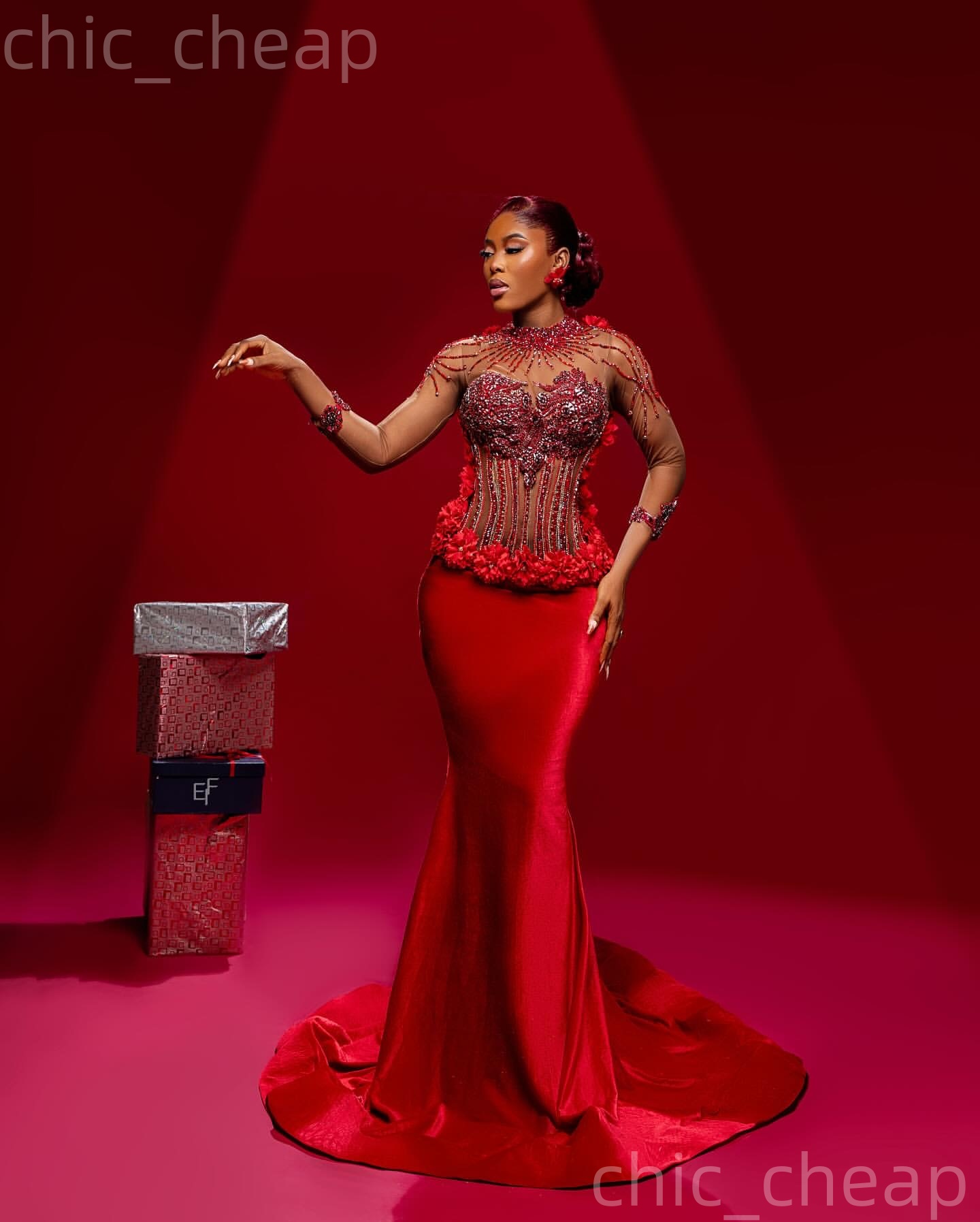 2k26 Red Prom Dress 2026 Mermaid Flowers Crystals Appliques Satin Evening Dresses For Black Women Birthday Party Formal Receiption Gowns Dresses ZJ079