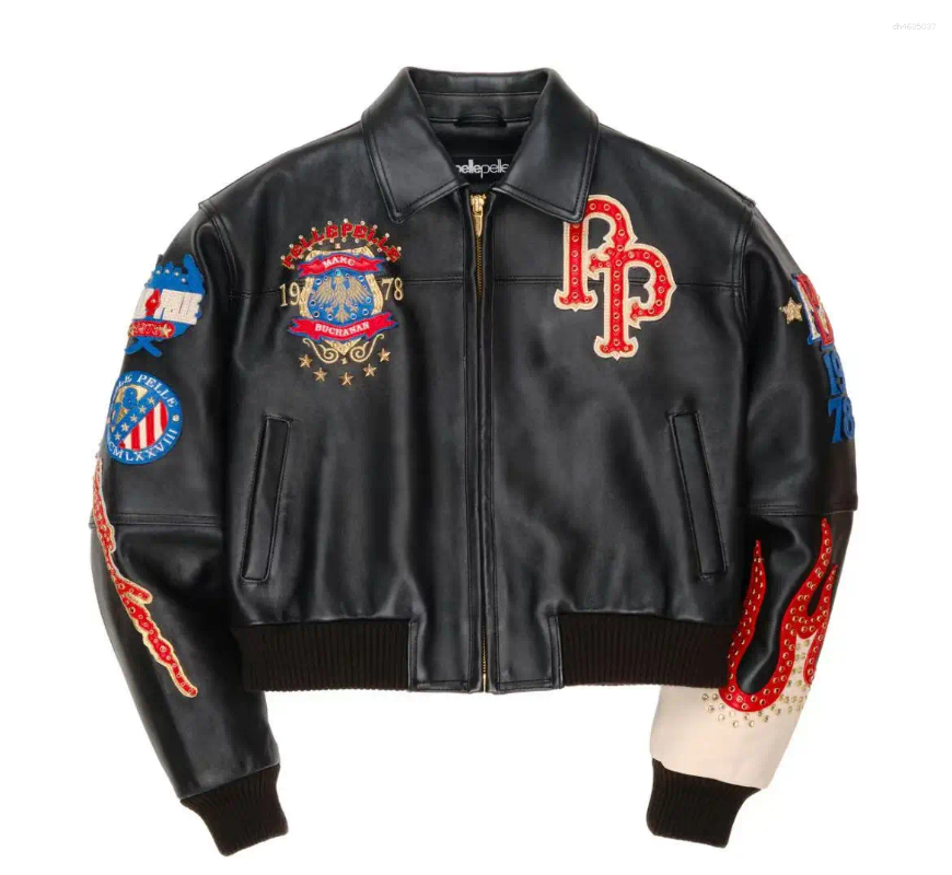 Men's Jackets High-quality PP Authentic Women's Black Blue Pink Genuine Leather Embroidered Diamond Short Jacket