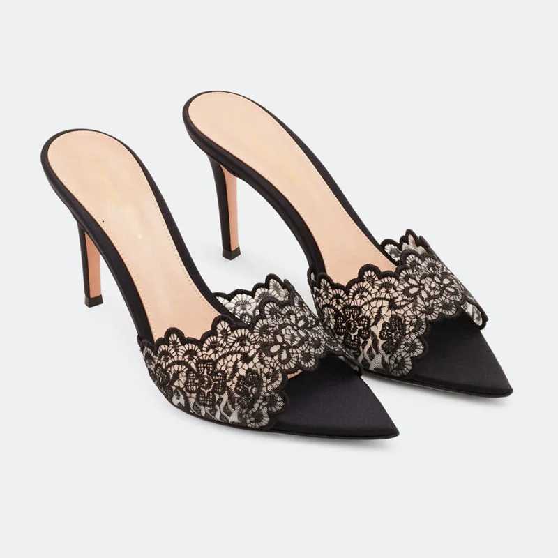 Elegant Womens Gold Lace Pumps Pointed Toe Slip High Heel Mules FAshion Stiletto Shoes for Party Wedding K260228