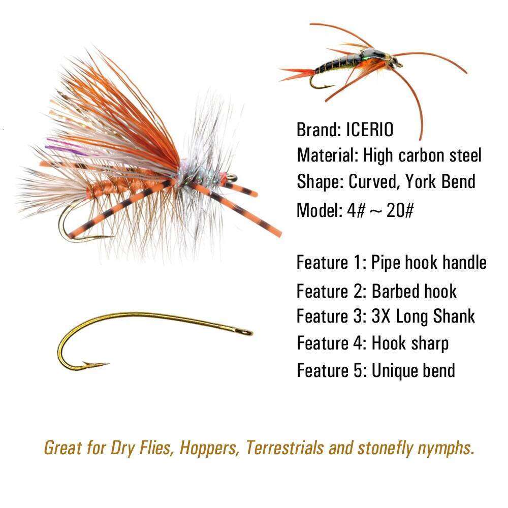 Vtwins 50PCS 3X Long Shank Curve Barbed Hook Dry Flies Hoppers Terrestrials and Stonefly Nymphs Fly Tying Fishing Hooks Z260228