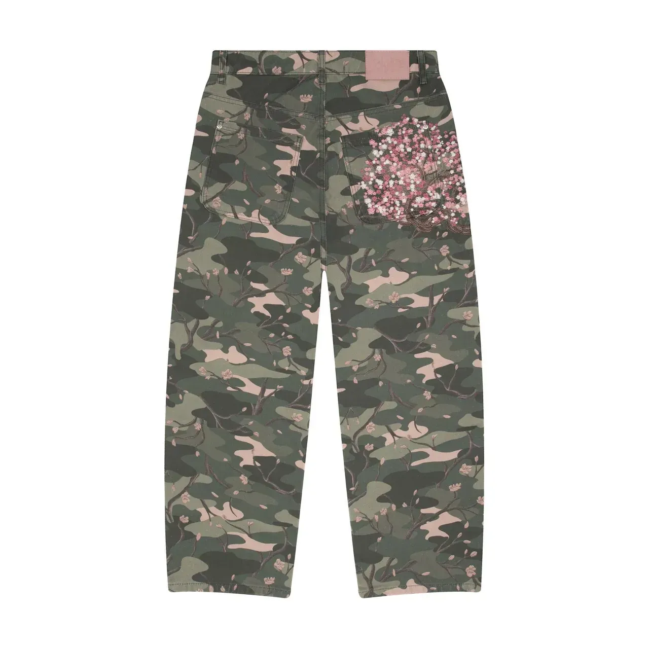 Derschutze Patchwork Cherry Blossom Embroidery Pants Y2k Vintage Baggy Straight Wide Leg Jeans Street Men Clothes