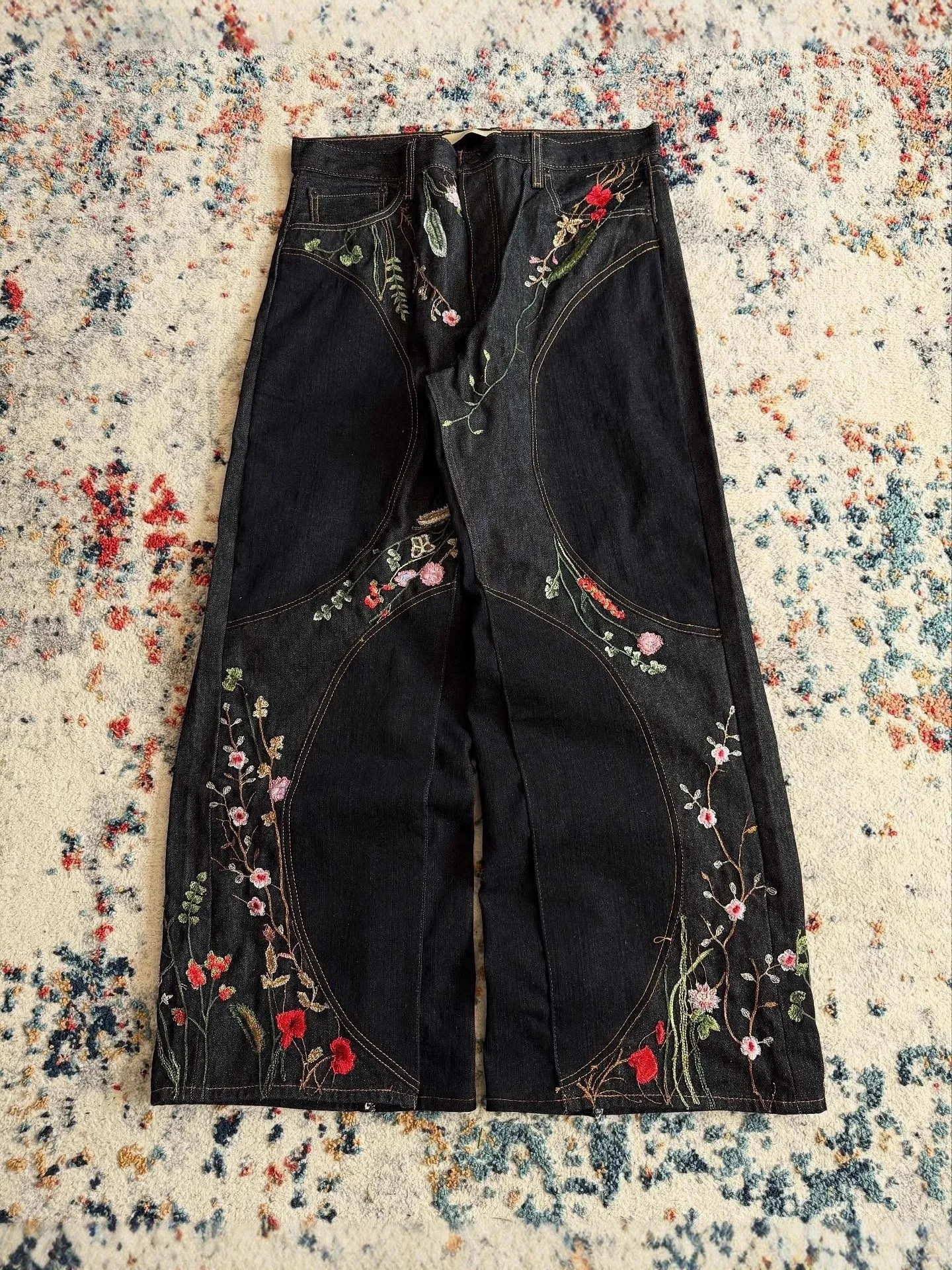 Derschutze Patchwork Cherry Blossom Embroidery Pants Y2k Vintage Baggy Straight Wide Leg Jeans Street Men Clothes