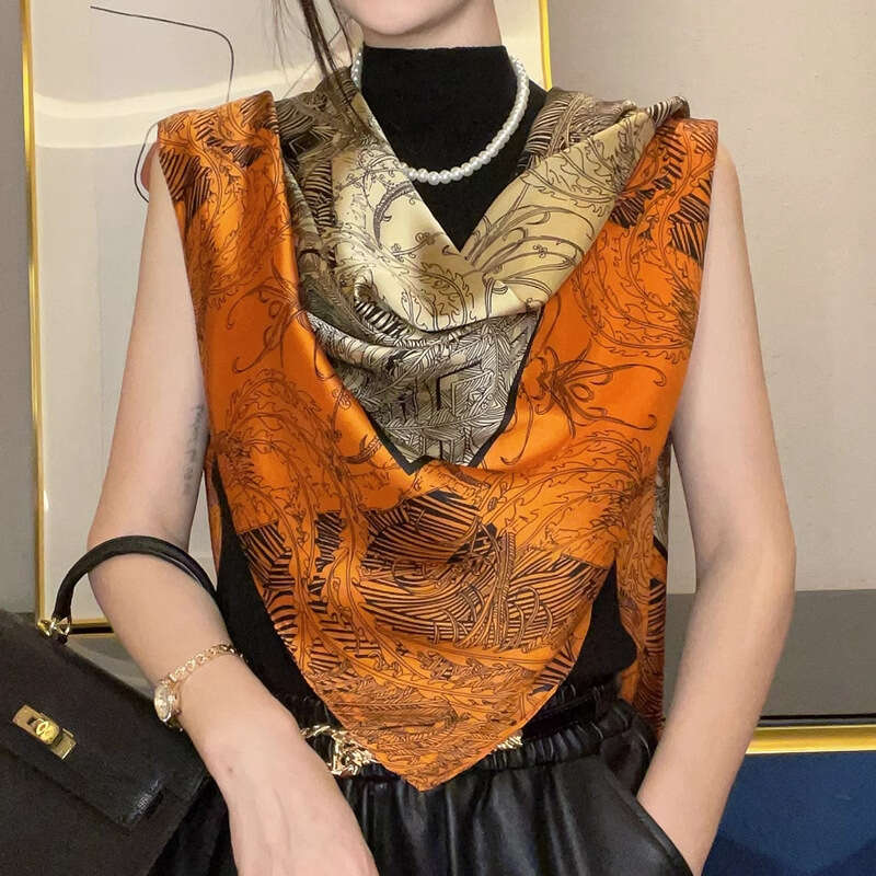 Elegant Orange Square 110 Printed Faux Silk Scarf Women Sun Protection Shawl Suitable As A Gift For Mom