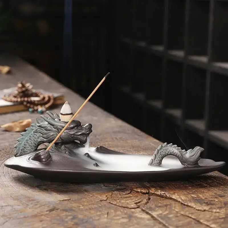 Incense Burner Lucky Dragon Ceramic Backflow Holder for Creative Home Decor & MeditationT260228