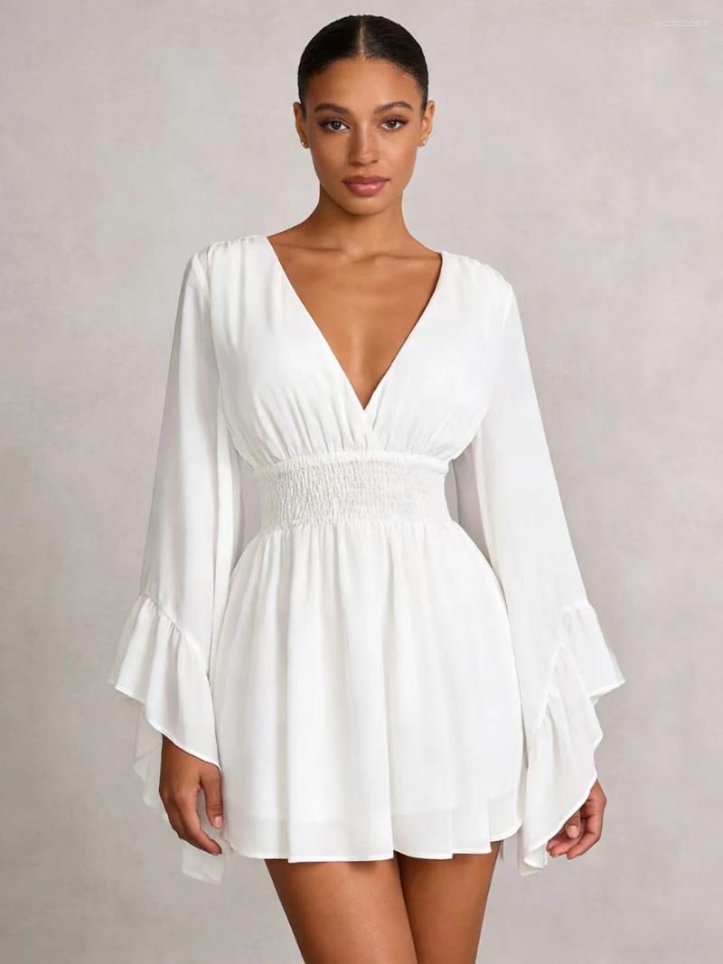 Casual Dresses Elegant Solid Color Trumpet Sleeve V-neck Waist Dress Sexy And Fashion Women's Skirt