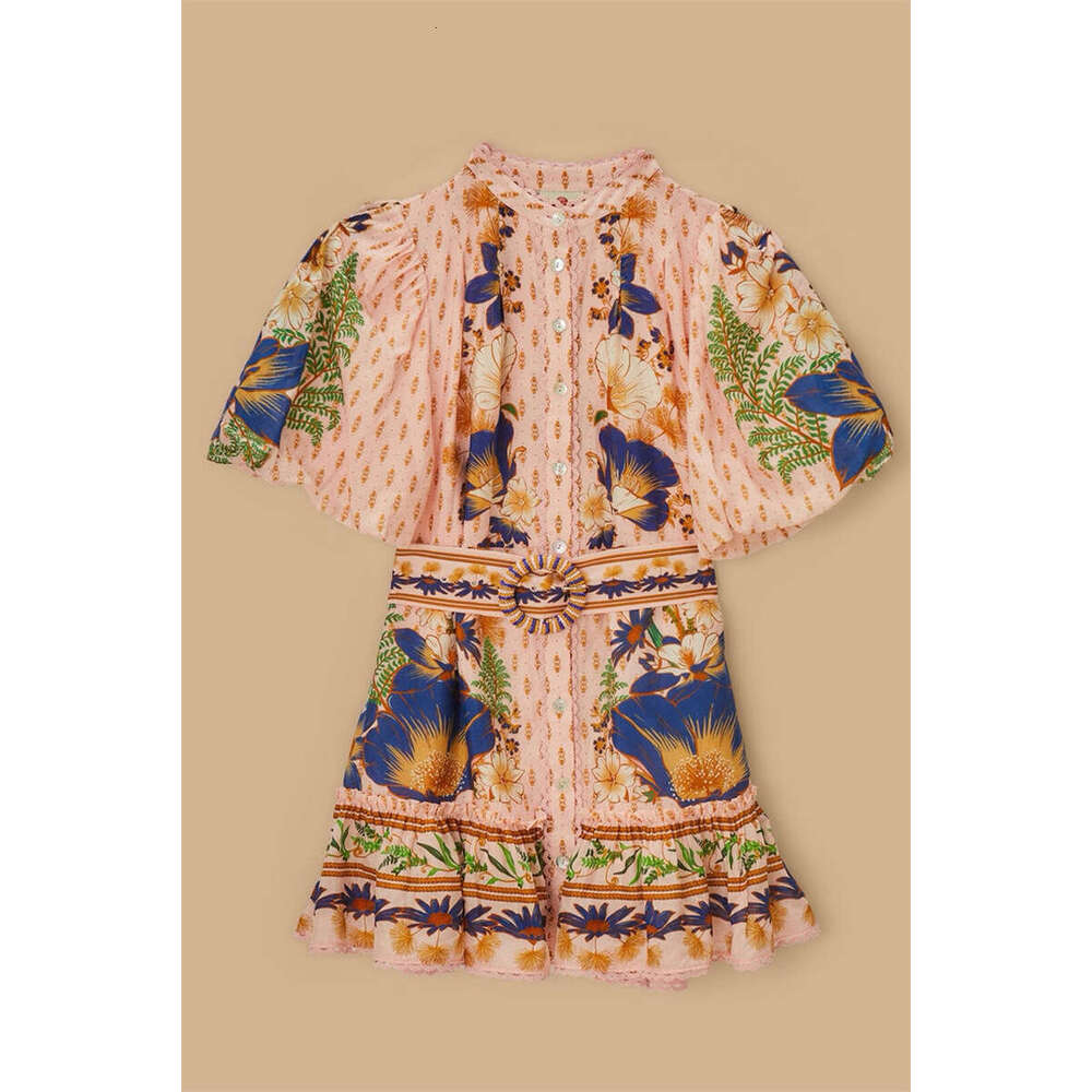 2026 a2 new women's niche design, painted printed bubble sleeves, sweet and loose tie dye short skirt