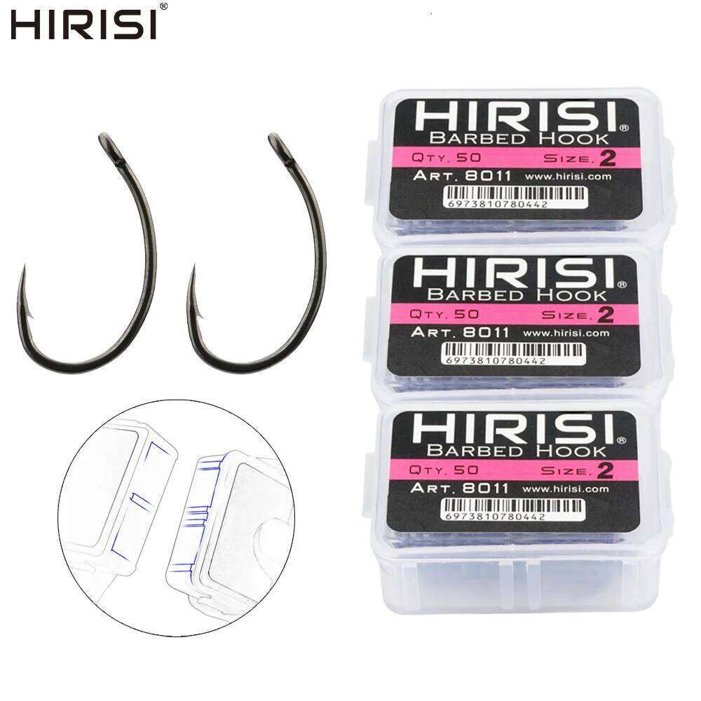 Hirisi 50pcs PTFE Coating Carp Steel Barbed Hooks In Box 8011 Fishing Accessories Z260228