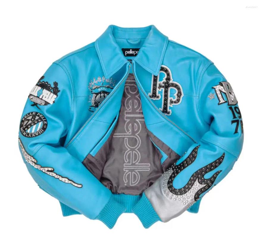 Men's Jackets High-quality PP Authentic Women's Black Blue Pink Genuine Leather Embroidered Diamond Short Jacket