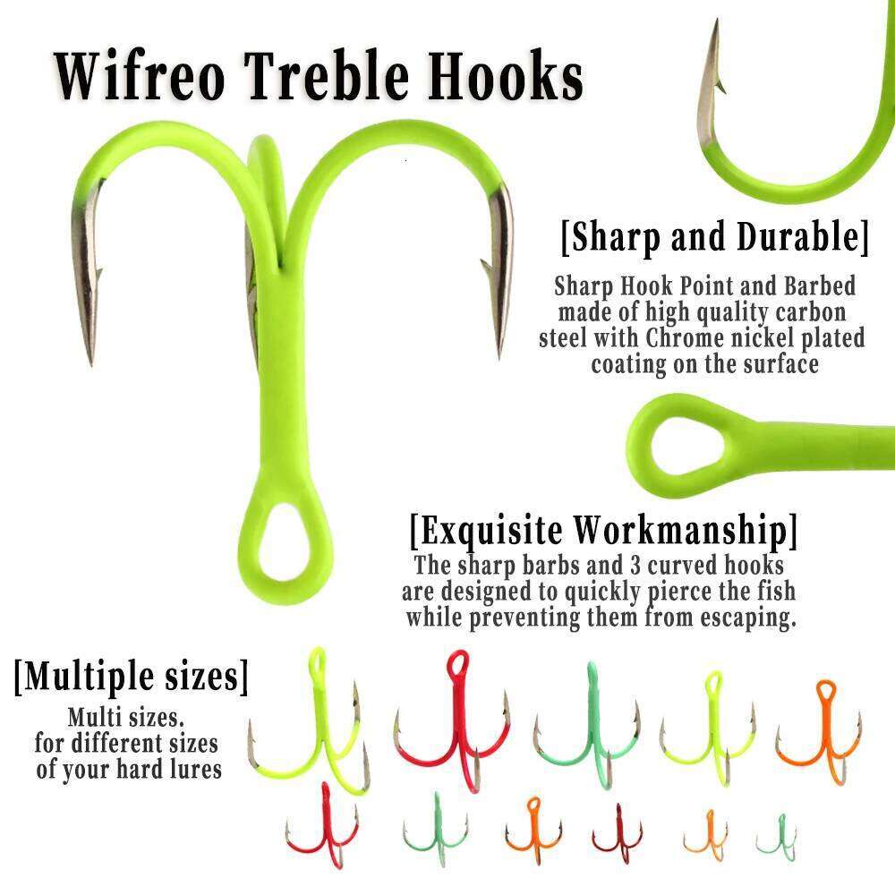 Wifreo 10pcs Luminous Green Treble Barbed Sharp Triple Sea Hooks Hard Lures Bait Hook Fishing Tackle Z260228