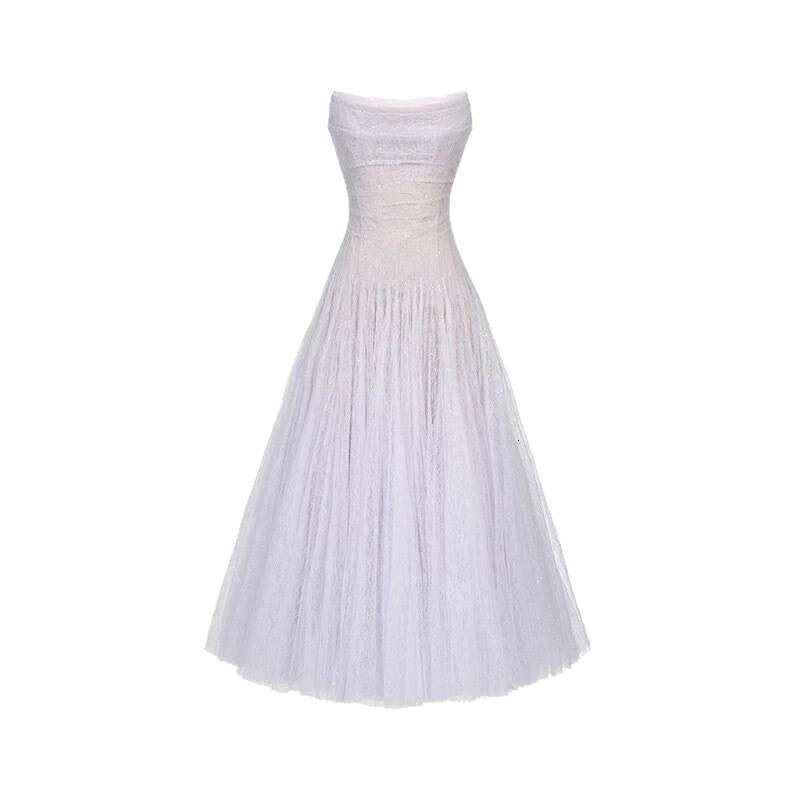 2026 summer new niche design social princess A1 sexy strapless solid color mesh long skirt for women