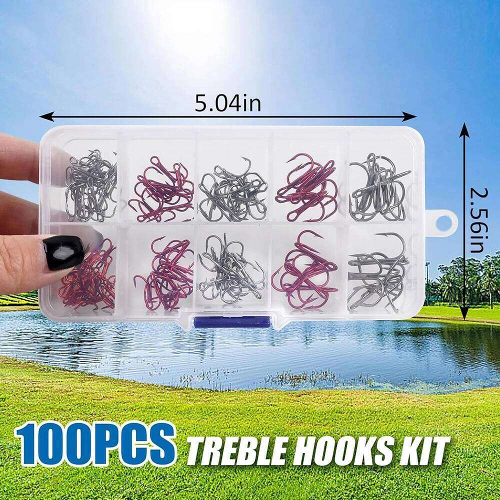 100pcs Treble Hooks Kit Strong Sharp Round Bend Triple Hook Artificial Bait Fishing for Bass Trout fish hooks Z260228