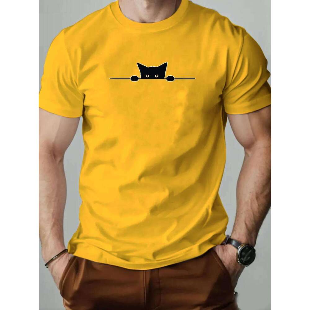 Men's Cotton O-Neck T-Shirt 2025 New Arrival Soft Touch Slim Fit Playful Cute Peeking Black Cat Graphic Tee Daily Casual C260228 - view 6