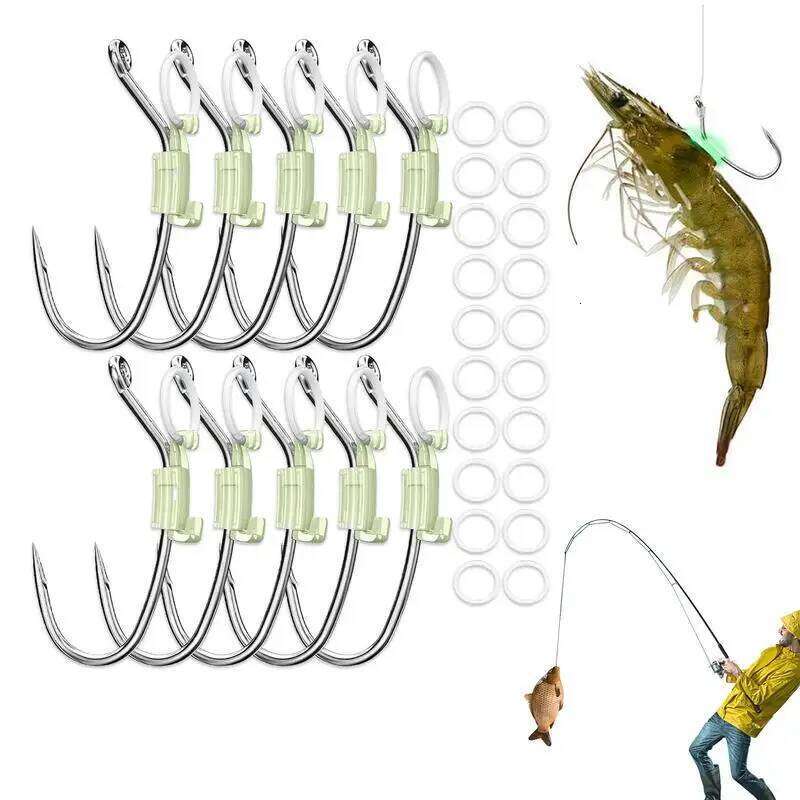 10pcs Walker Luminous Baitholder Barbed and Perforated Carbon Steel Fishing For Carrying Live Shrimp Lures Hooks Z260228