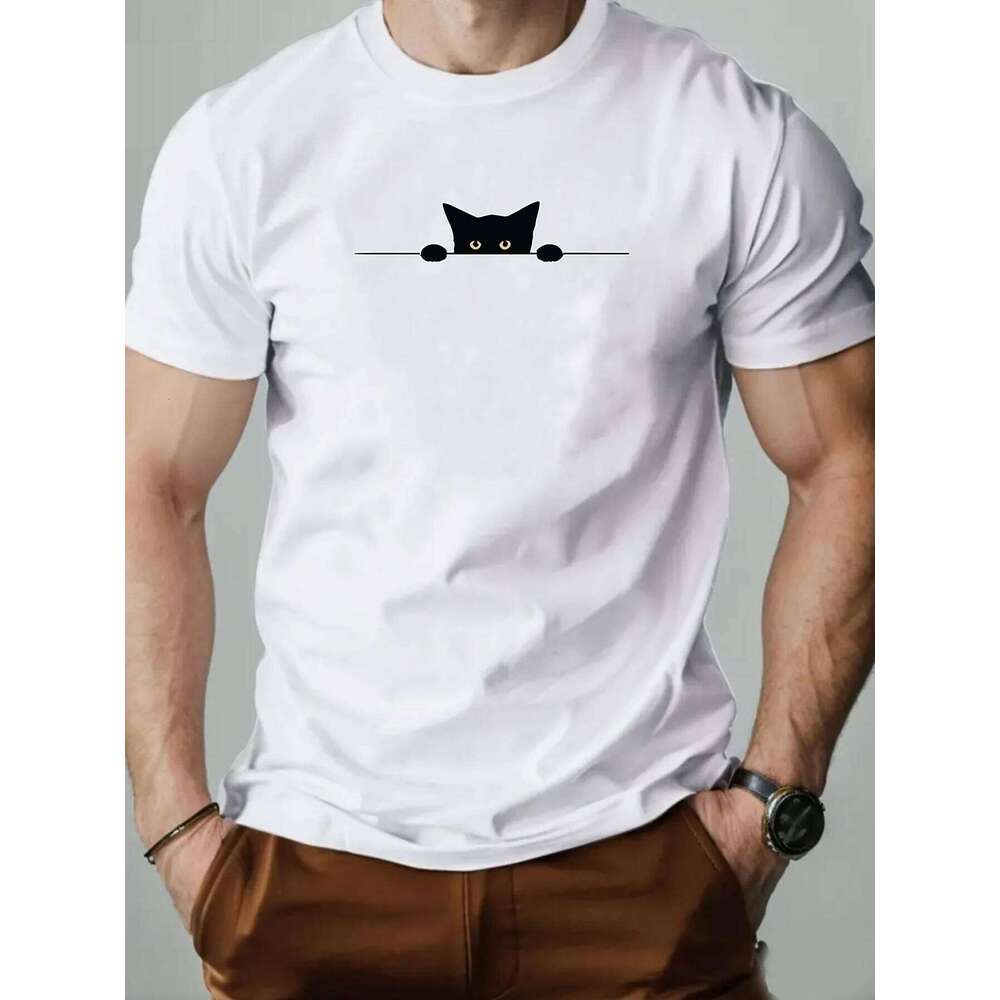 Men's Cotton O-Neck T-Shirt 2025 New Arrival Soft Touch Slim Fit Playful Cute Peeking Black Cat Graphic Tee Daily Casual C260228 - view 3
