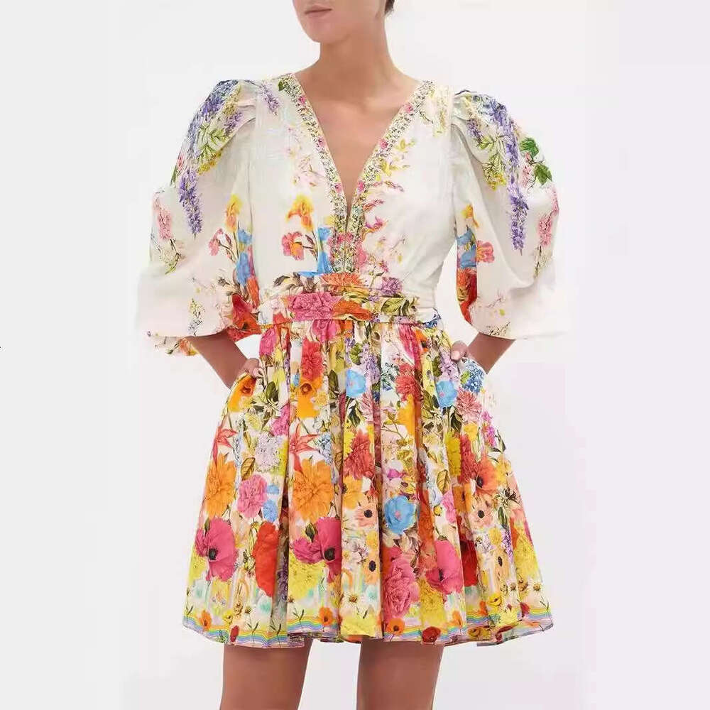 a3 2026 Spring/Summer New Designer Fashion Fairy style Flower V-neck Lantern Sleeve Sweet Skirt