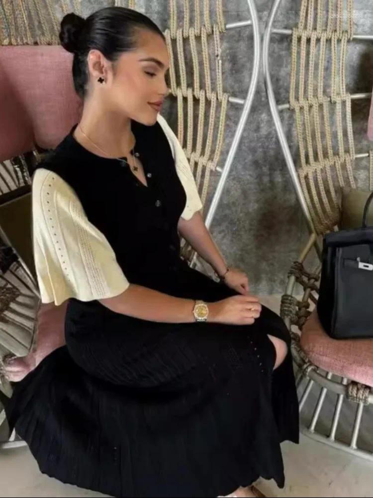 Casual Dresses Women Elegant Knitted Long Dress O Neck Solid Short Sleeved Button High Waist Split Female Fashion Gown