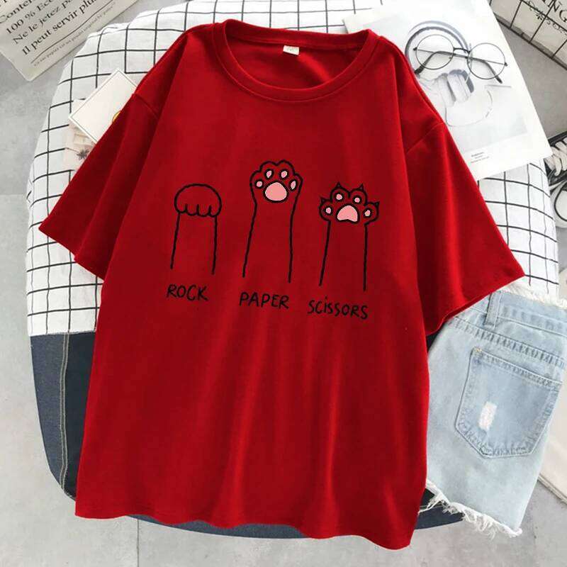 Rock Paper Scissors Funny Cat Print T Shirt Women Summer Soft Oversized Tops Fashion Casual Short Sleeve Street Cotton Tshirt C260228 - view 5