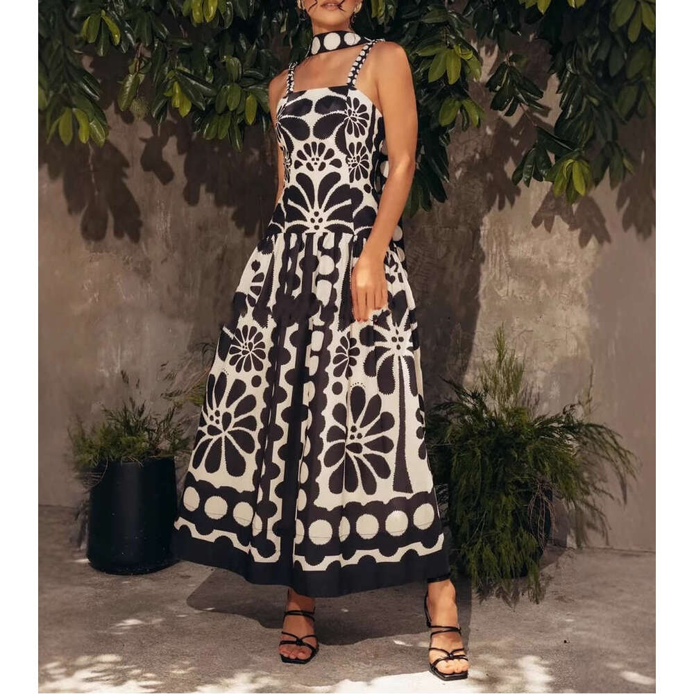2026 spring/summer a3 European and American niche vacation style goddess temperament printed suspender long skirt paired with flowing skirt