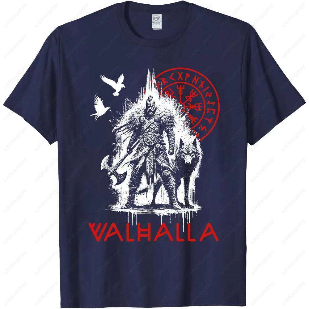 Valhalla Wolf and Raven Viking Runes Norse Compass T-Shirt Warrior Culture Tshirt Retro Pattern Men Crewneck Cotton Tee Top C260228 - view 5