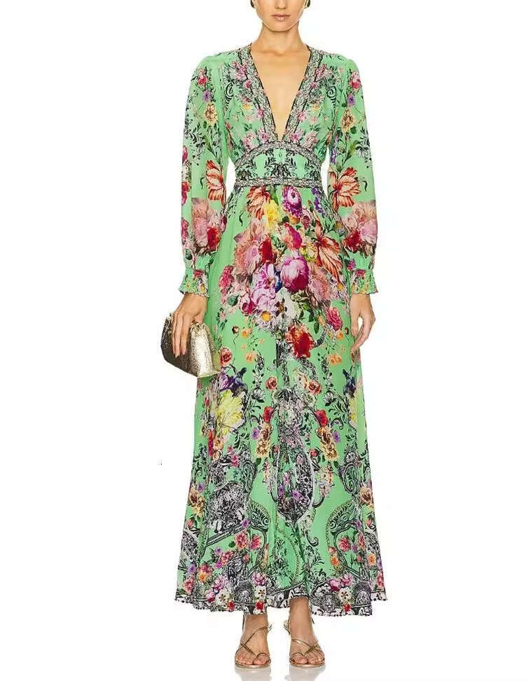 2026 autumn and winter a2 new designer fashion goddess silk print flowing vacation long skirt