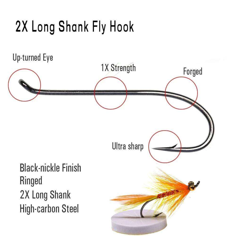 WIFREO 30pcs High Carbon Steel Fly Tying Up-turned Eye 2X Long Shank Black Nickle Salmon/Steel Head Flies and Nymph Hook Z260228