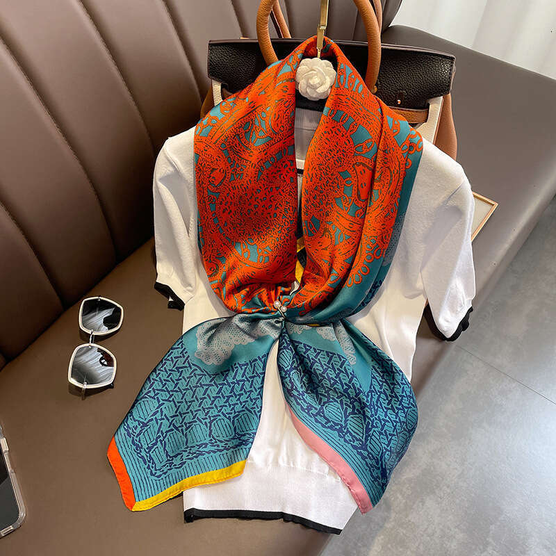 Elegant Orange Square 110 Printed Faux Silk Scarf Women Sun Protection Shawl Suitable As A Gift For Mom