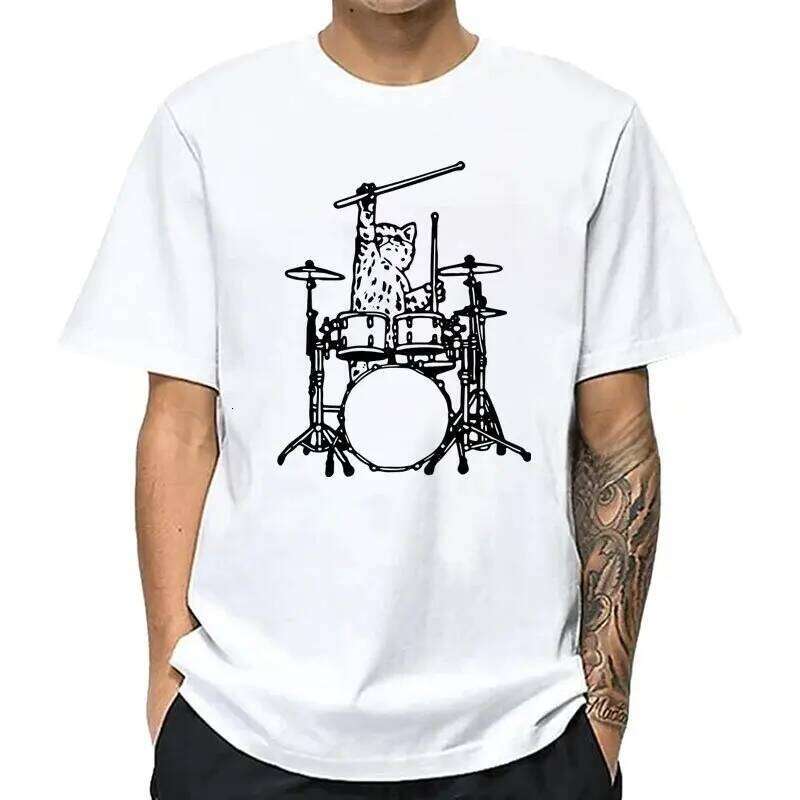 Summer Men's High Quality 100% Cotton Funny Music Cat Print Loose O-neck T Shirt for Men Short Sleeve T-shirt Male Tops C260228 - view 3