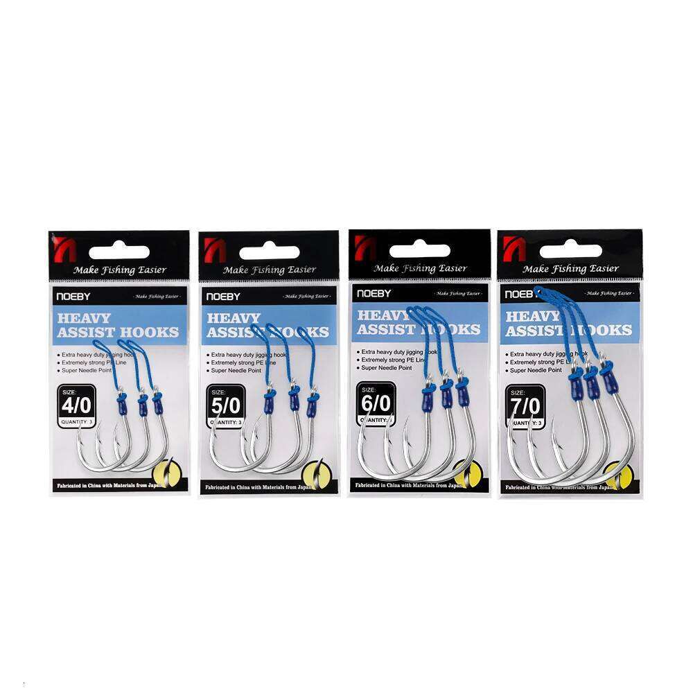 Noeby Heavy Duty Jigging Assist Rig 3PCs Bright Tin Thick Shaft Hook 4/0 5/0 6/0 7/0 Max Strength 149kg Metal Jigs Hooks Z260228