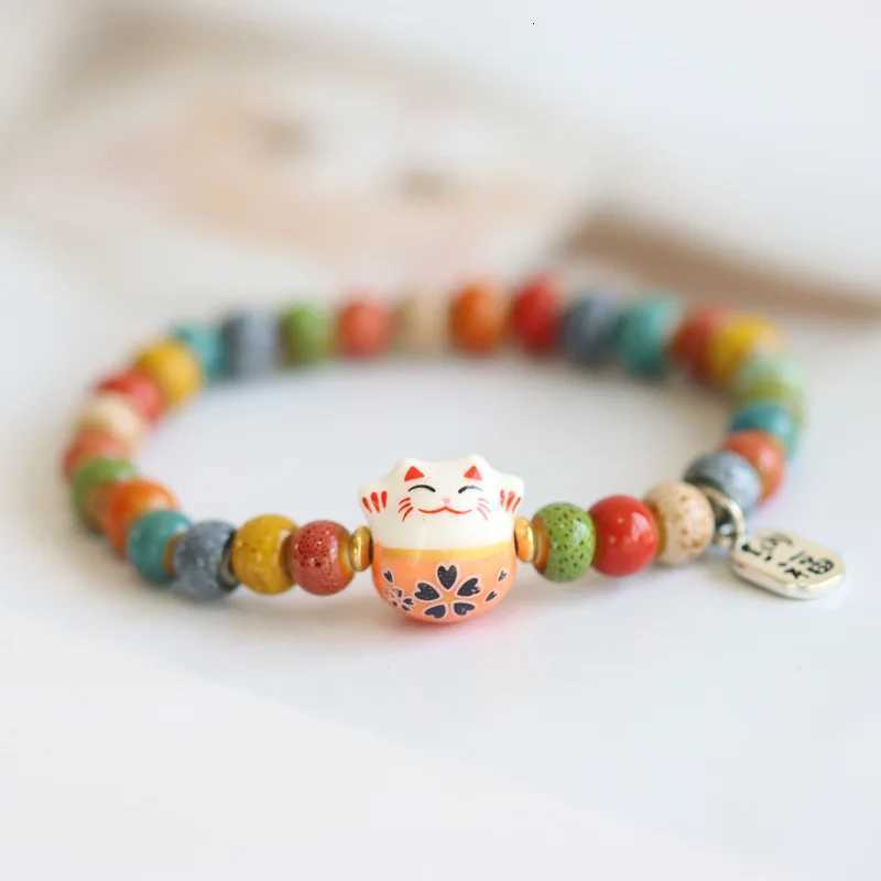 Cute Lucky Cat Bracelet For Girls Adjustable Colorful Beaded Bracelets Ceramics Cat Pendant Charm Bracelets Jewelry Wholesale H260228