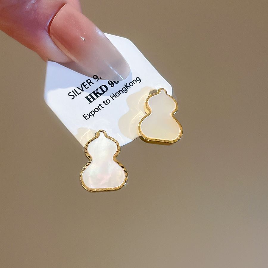14K real gold plated silver needle gourd-shaped mother-of-pearl earrings, new Chinese style, simple and versatile, light luxury niche earrings for wom - view 7