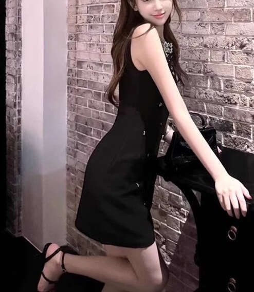 2026 Spring/Summer Elegant Women's Luxury a2 Design Sleeveless Tank Top Black Slim Short Skirt Handmade rhinestone Decoration