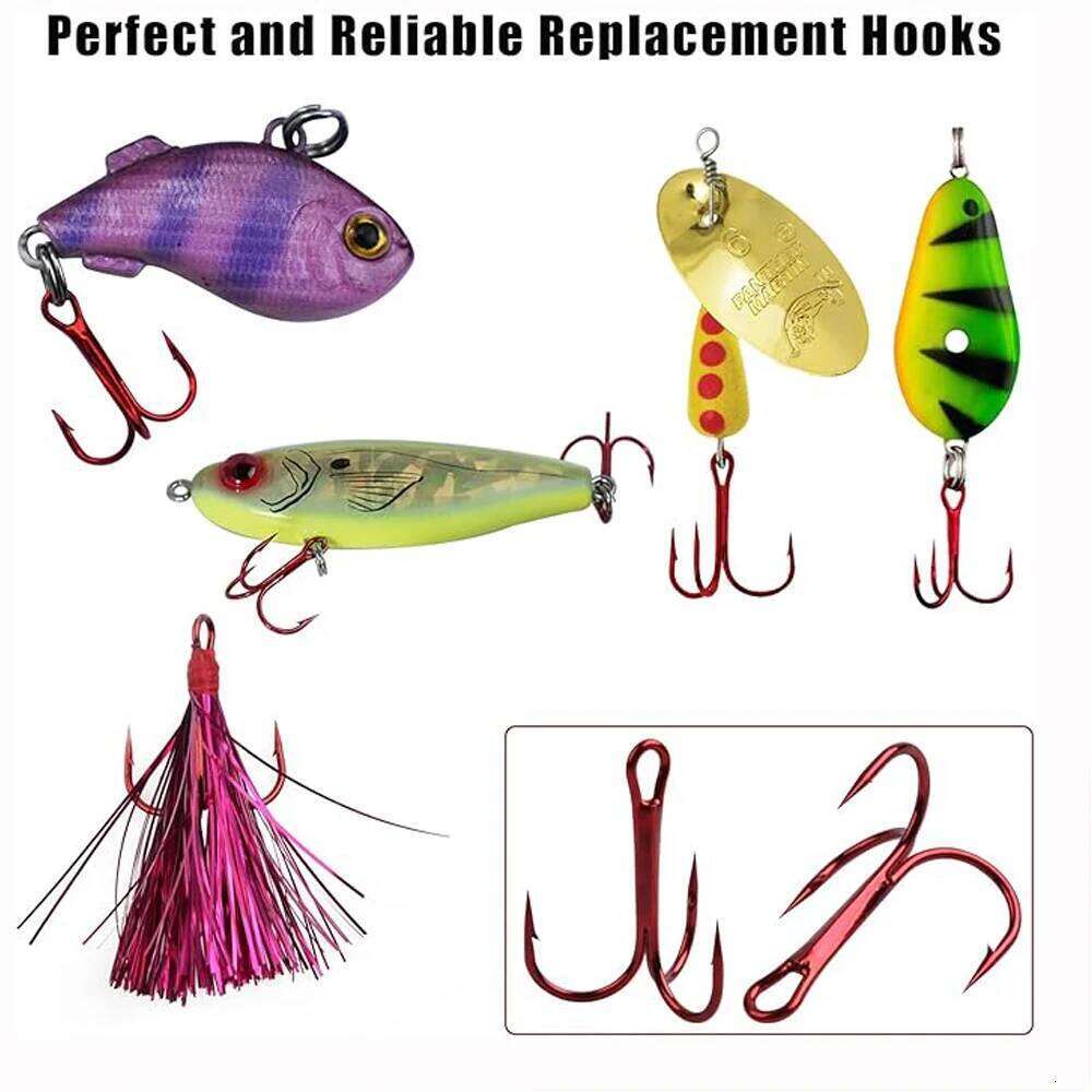100Pcs Red Fishing Treble Round Bend triple fishing Barbed Hooks Catfish Bass Trout Artificial bait saltwater hooks Z260228