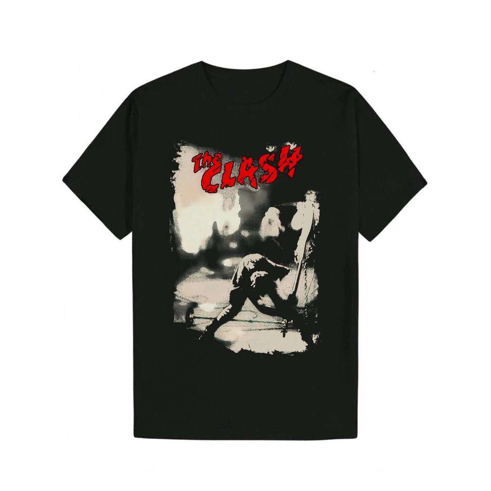 Men's The Clash logo and lyrics print Retro punk pattern classic black album cover. Couple streetwear crew neck T-shirt C260228