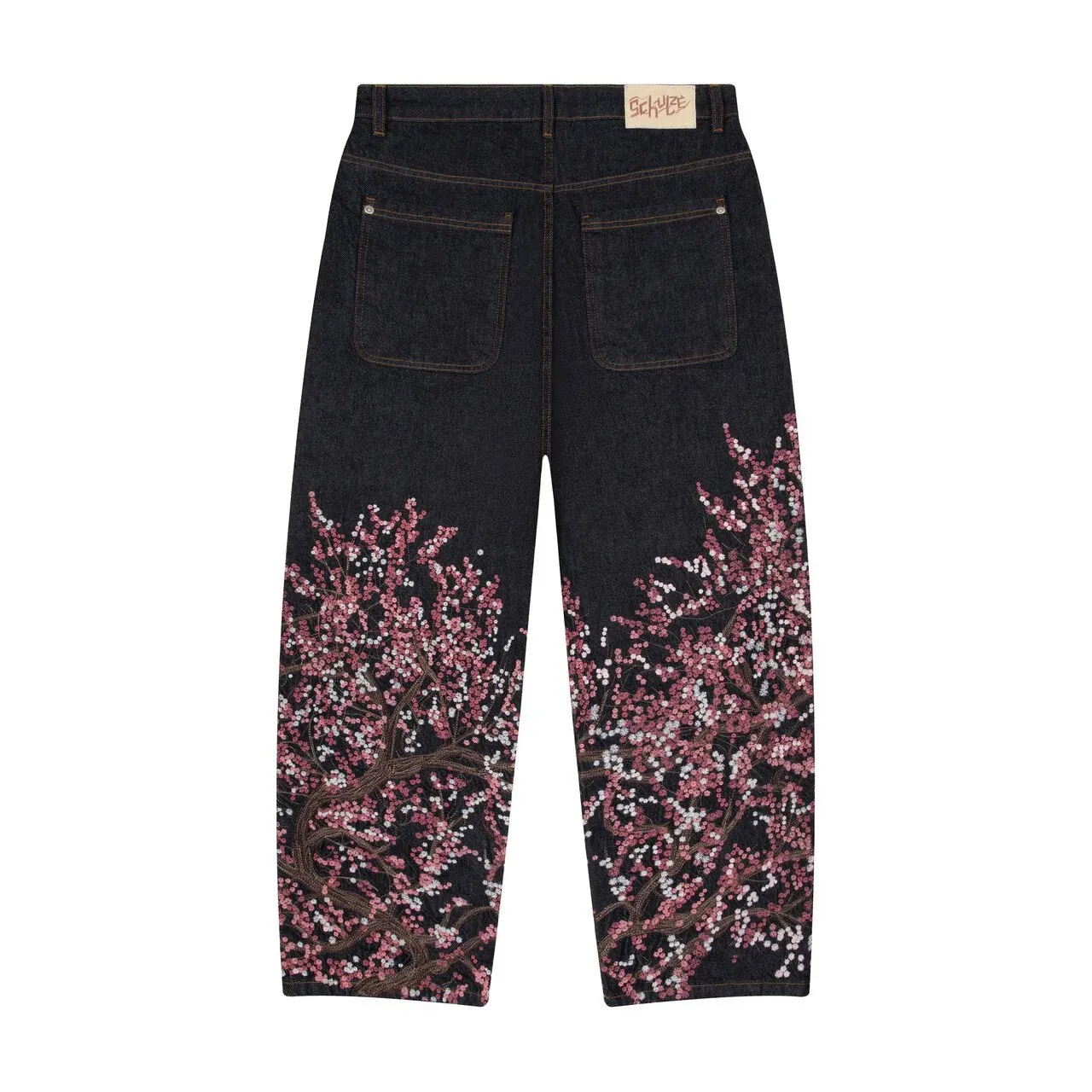 Derschutze Patchwork Cherry Blossom Embroidery Pants Y2k Vintage Baggy Straight Wide Leg Jeans Street Men Clothes