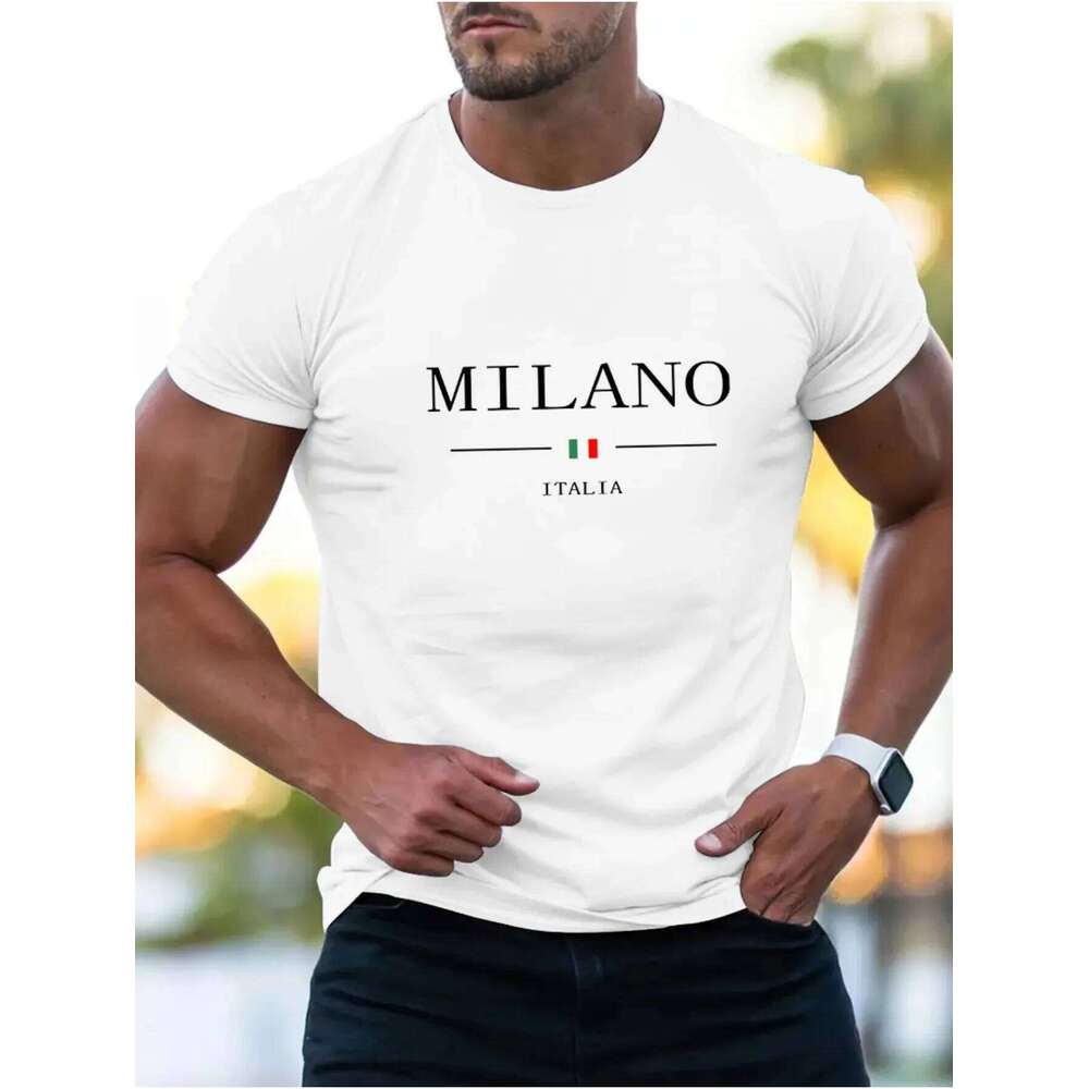 Summer men's 100% cotton casual sports loose plus MILANO print comfortable shopping round neck short sleeved T-shirt top C260228 - view 5