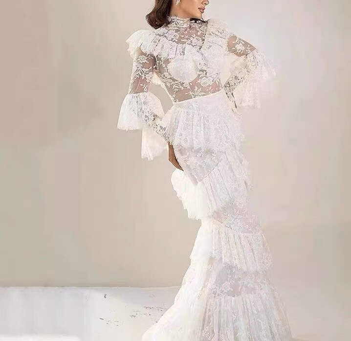 2026 autumn/winter new niche design celebrity goddess transparent lace bell shaped sleeves slim a3 fit fish tail long skirt