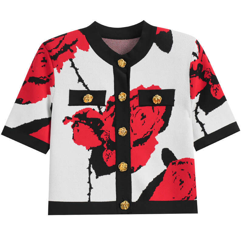 2026 Summer New Small Fragrance Knitted Cardigan a3 Rose Jacquard Metal Button Women's Slimming Top