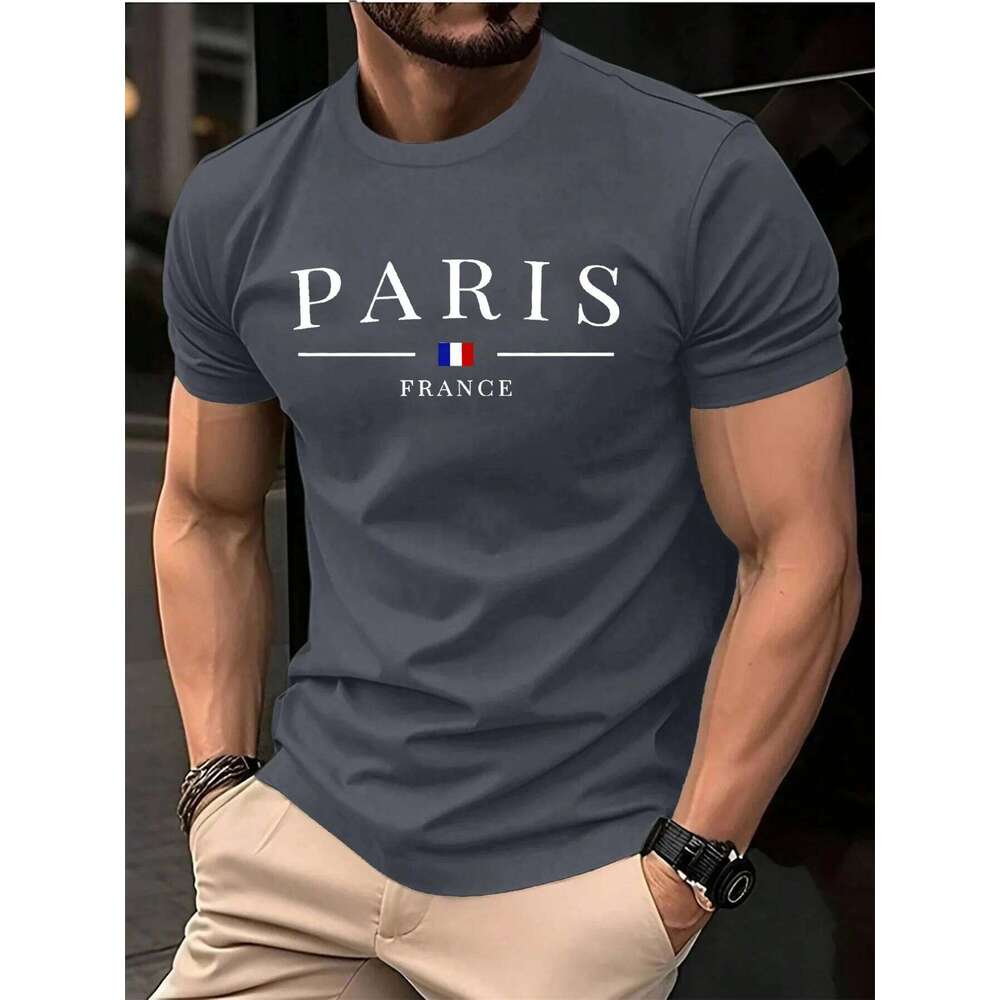 Summer men's 100% pure cotton casual loose plus size Paris French printed sports comfortable round neck short sleeved T-shirt C260228 - view 7