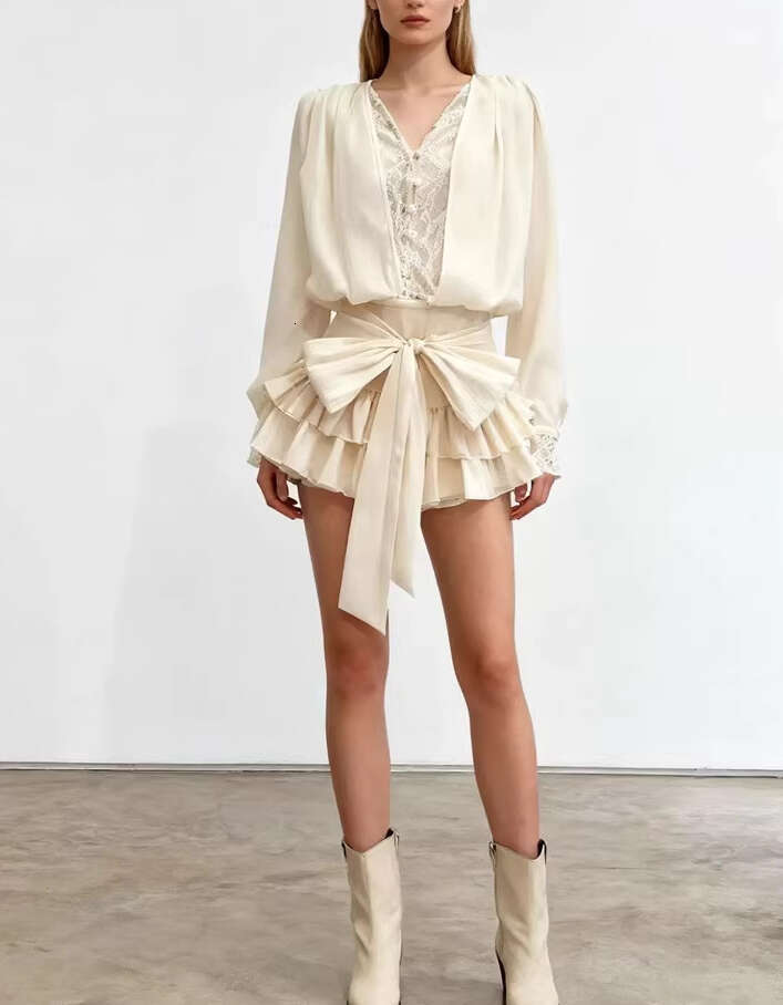 2026 spring/summer niche design lace imitation two-piece satin top high waisted a3 fluffy cake skirt set